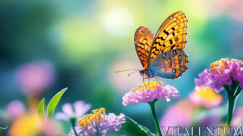 Orange butterfly on pastel blossoms in shallow focus garden.