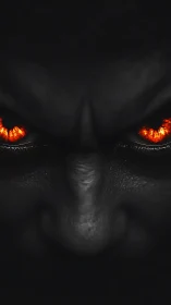 Demonic face with burning eyes pierces black void. Period.