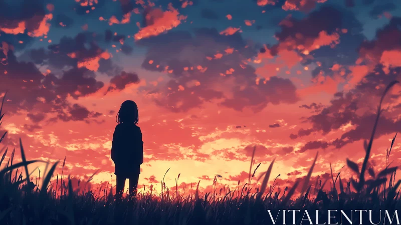 Silhouetted child beneath cinematic crimson sunset sky.