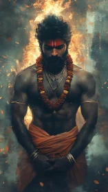 Ascetic warrior in fiery aura rendered as moody digital painting