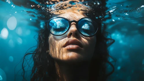 Submerged closeup of woman with sunglasses under blue water.