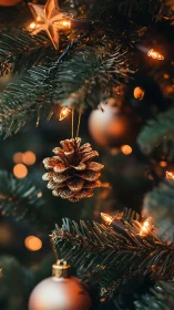 Glittered pinecone dreams amid amber Christmas tree lights.