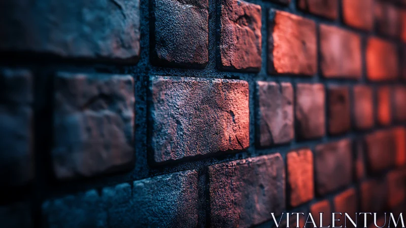 Warm brick wall glows in soft blue and red urban light