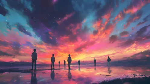 Stargazing silhouettes under a tidal sky of molten dawn.