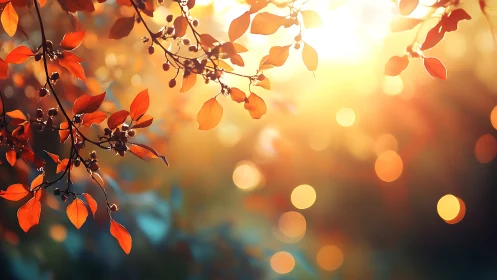 Backlit autumn leaves with soft bokeh in warm sunlight.