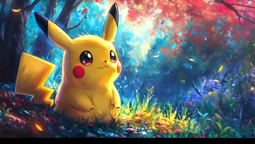 Pikachu illuminated in chromatic forest clearing at sunrise.
