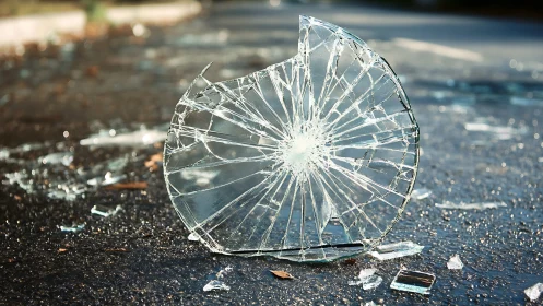 Shattered circular glass fragment on asphalt road surface.