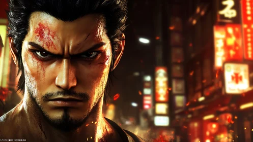 Battle-worn fighter in neon city glow at night.