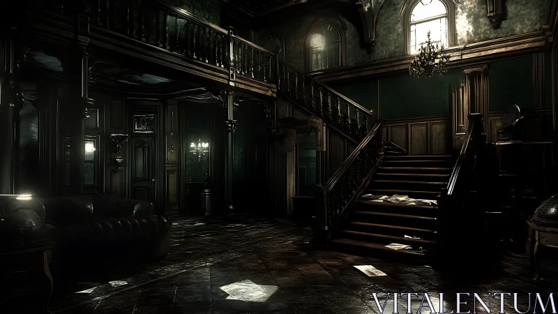 Decaying baroque staircase under dramatic volumetric lighting.