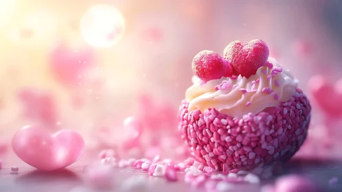 Digital confectionery rendering with spherical geometric sugar coating and heart-shaped fondant topp