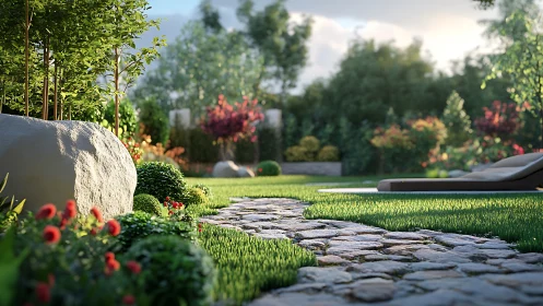 Shallow-depth garden rendering with stone path and HDR sunlight