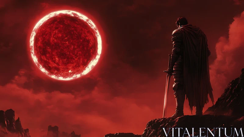 Armored warrior contemplates an ominous blood-red sun.