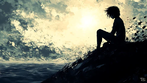 Silhouetted figure on rocky cliff before turbulent seascape sunset