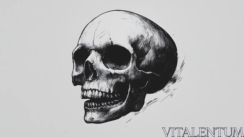 Monochrome human skull side view illustration on white field.