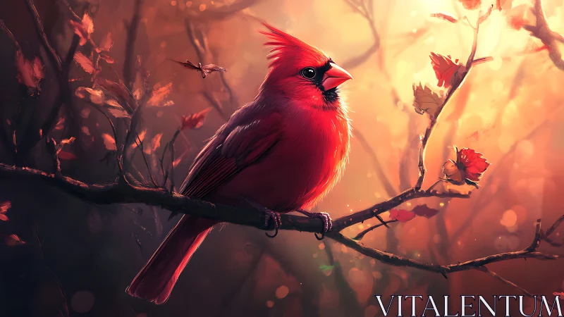 Vibrant red cardinal perched on autumn branch, digital art style.