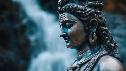 Serene bronze deity dreaming beside a rushing waterfall.