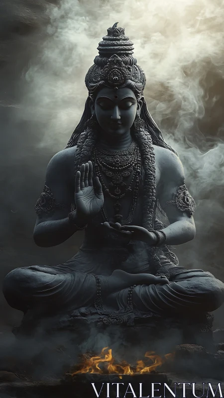 Monochrome meditative deity statue in smoke with directional rim lighting