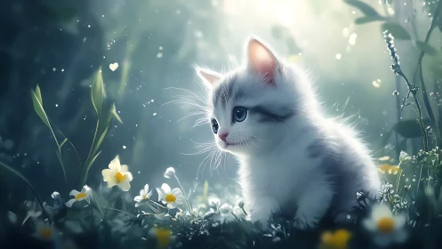 Luminous White Kitten Among Spring Flowers in Magical Garden Light