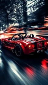 Scarlet roadster slices neon rain through the midnight rush