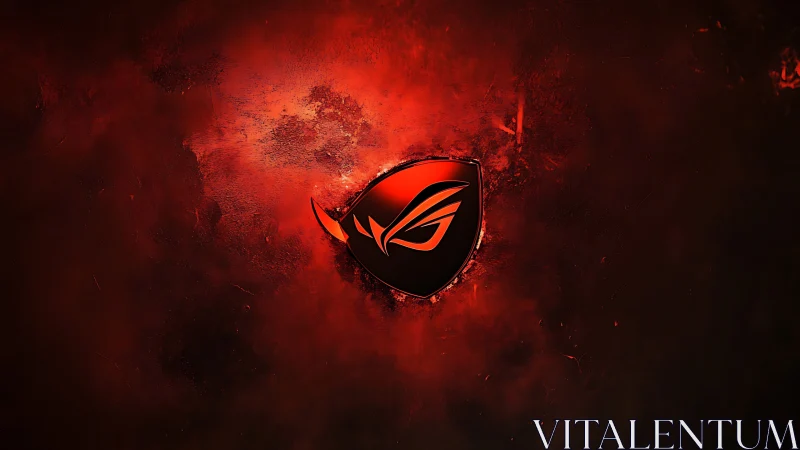 Red gaming emblem on dark textured abstract background.