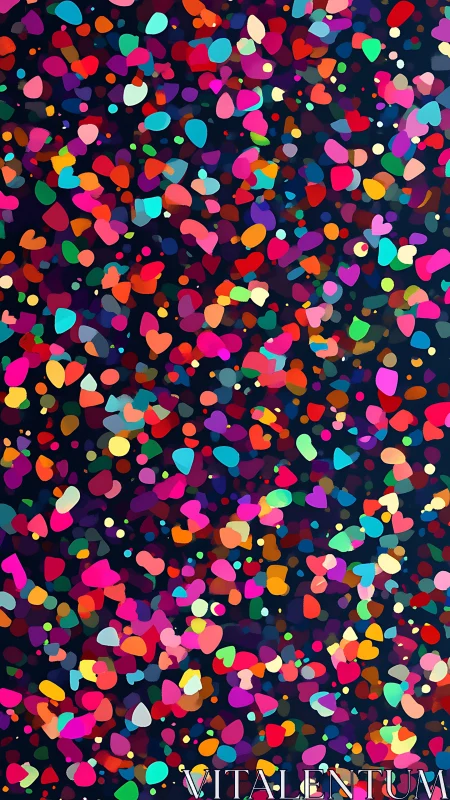 Colorful abstract confetti shapes on dark background.