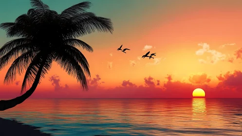 Tropical sunset sky burns above calm reflective ocean horizon.