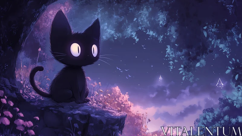 Curious moonlit black cat dreaming over a glowing valley.