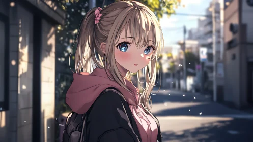 Blonde anime girl walks sunlit city street at dusk.