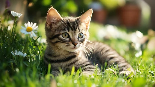 Tabby Kitten's Meadow Contemplation Among Daisies.