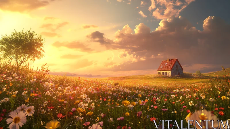 Sunset light washes a wildflower meadow and lonely cottage