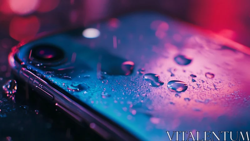 Macro close-up of wet smartphone surface under neon bokeh light