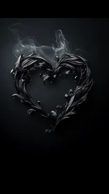 Smoked metallic feather heart in high contrast negative space.