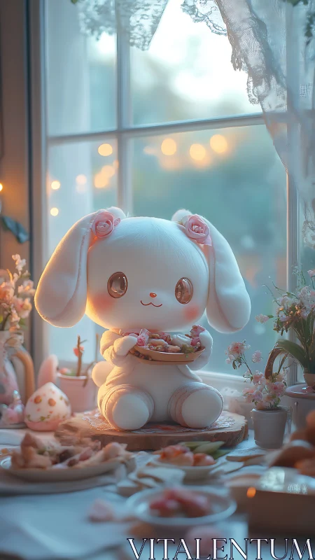 Pastel bunny plush holds dessert in dreamy window light.