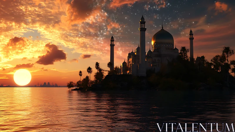 Coastal domed complex stands in silhouette against sunset