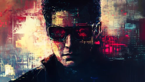 Cyberpunk hacker portrait with neon glitch effects.