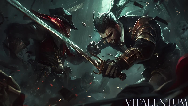 Steel-clad duelers carve fury through stormlit battlefield.