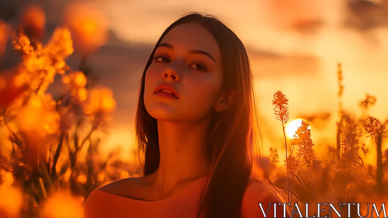 Sunlit portrait of a serene woman in glowing floral dusk