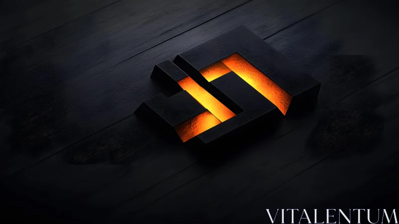 Geometric black 3D logo with glowing orange core on wood background.