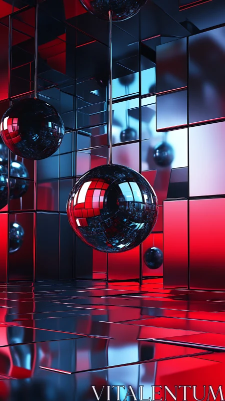 Chrome spheres reflect neon red blue geometric lightscape.