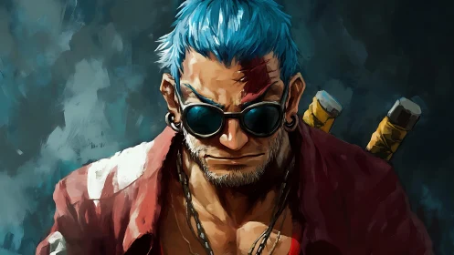 Blue‑haired male fighter with scar, glasses and swords. Period.