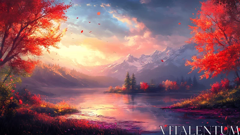 Crimson forests cradle a glassy lake beneath painted dawn