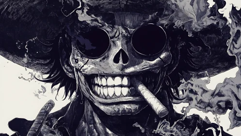 Smoking skull cowboy in dark monochrome illustration.