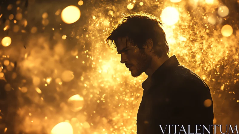 Silhouetted male profile stands against dense golden backlight