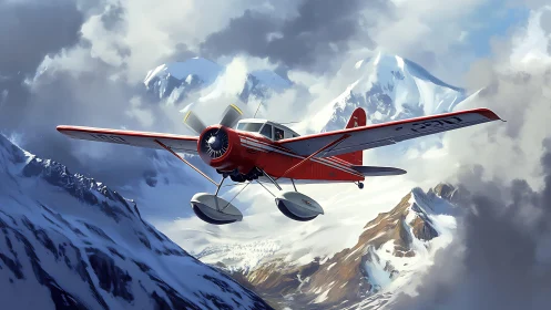 Bush plane with tundra skis traversing glaciated alpine cumulonimbus.