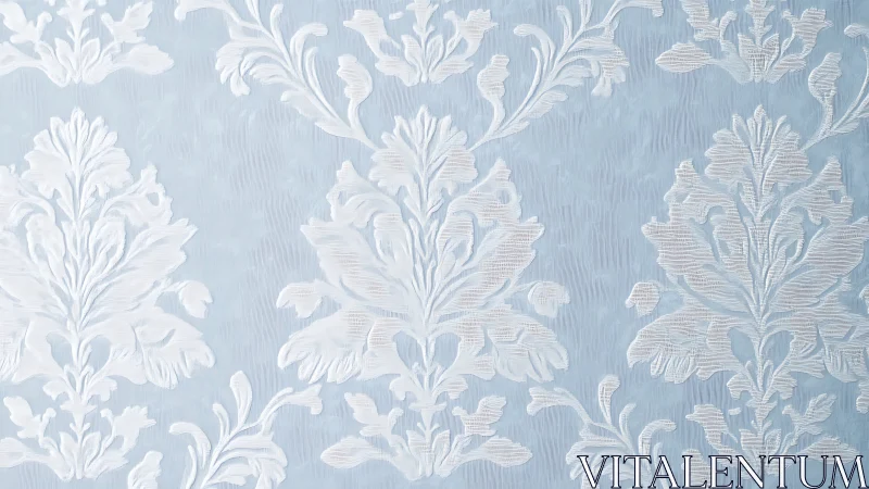 Light blue damask wallpaper with white floral ornament pattern.