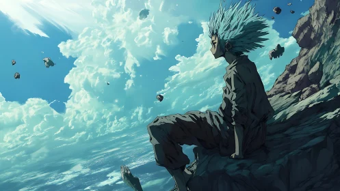 Skyward wanderer gazes into drifting clouds and floating stones.