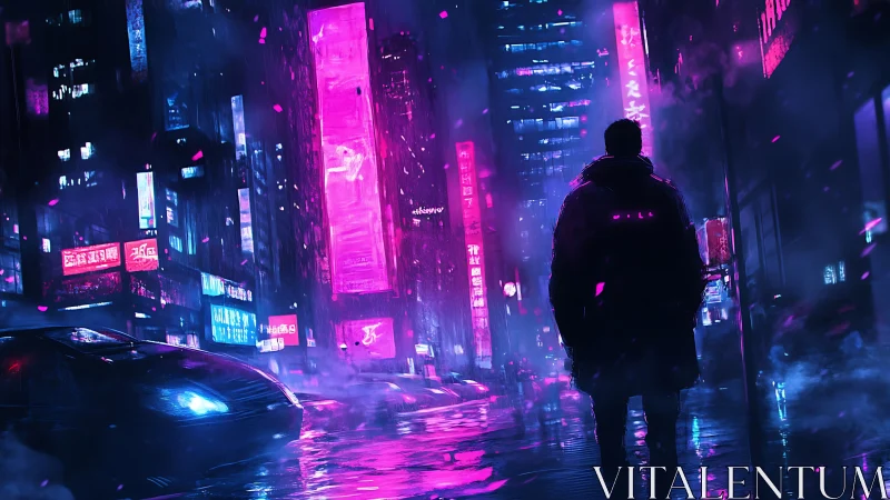 Midnight wanderer in neon drenched cyberpunk city streets.