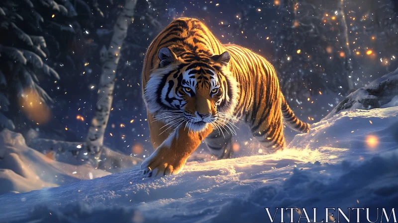 Ember-eyed tiger prowls through moonlit snowstorm magic.
