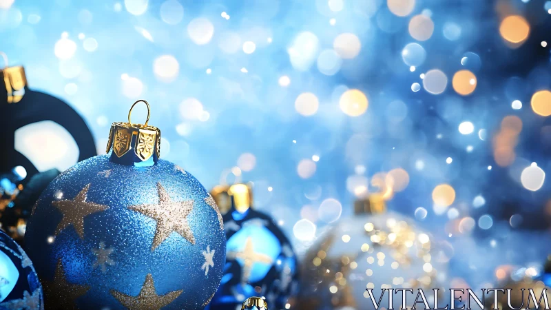 Defocused bokeh backdrop isolates blue star-pattern ornaments sharply