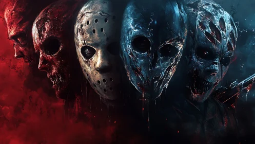 Horror masks merge through red and blue smoke gradient